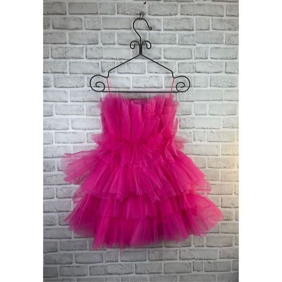 VICI Women's Hot Pink Strapless Tiered Tulle Mini Dress Size Small Barbie Core - Picture 4 of 12